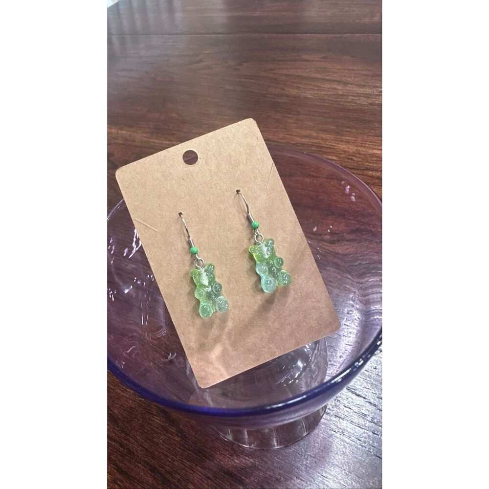 Green 90’s Vibes Gummy Bear Dangle Drop Earrings New